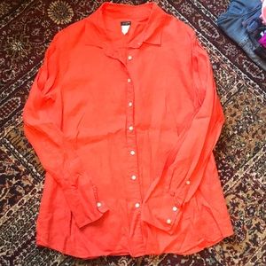 J Crew linen button up in orange-red coral